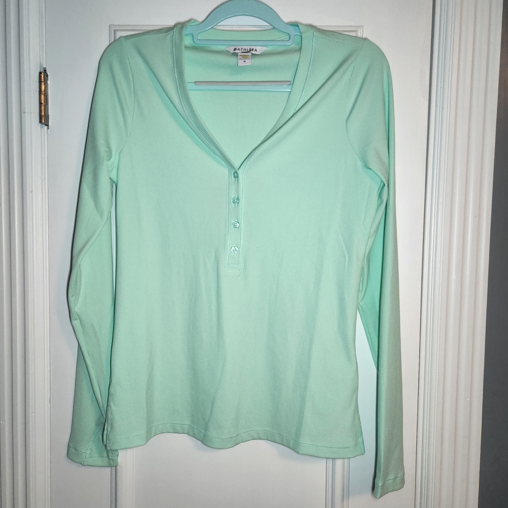 Athleta Mint Long Sleeve Ribbed Henley Top Size Medium - Picture 2 of 4
